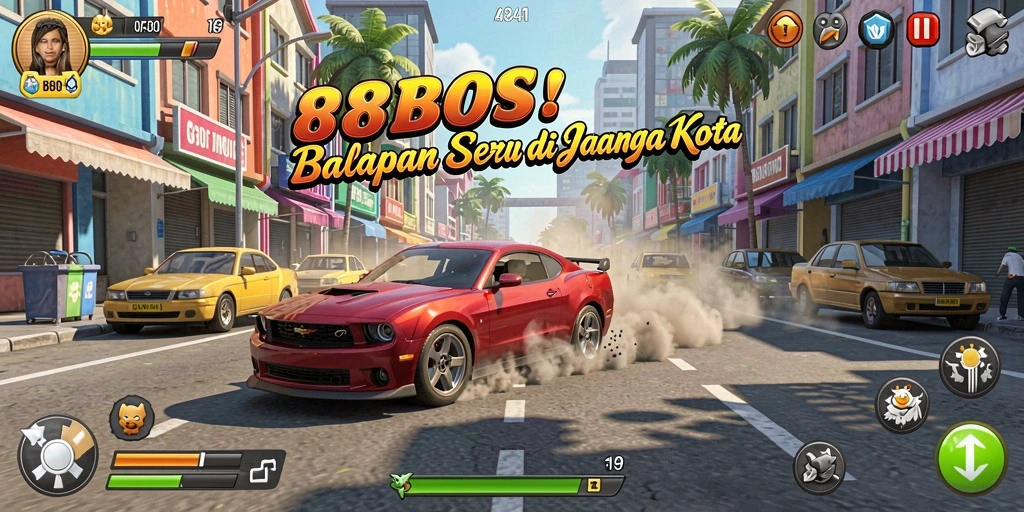 Screenshot gameplay <strong>88BOS</strong> menampilkan balapan intens di jalanan kota.